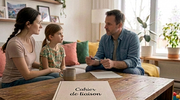 Professionnel accompagnant un parent avec le cahier de liaison